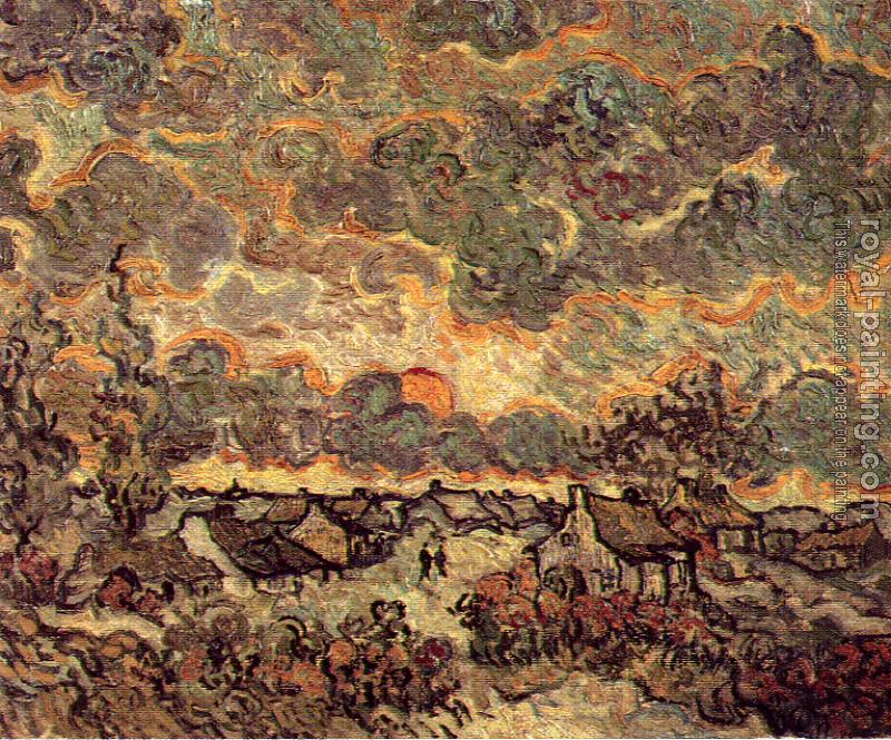 Vincent Van Gogh : Cottages and Cypresses at Sunset with Stormy Sky